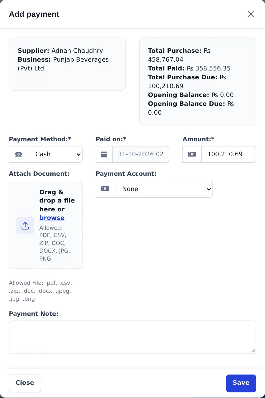 Add payment window for a supplier showing total purchase, total paid, total purchase due and the amount to pay