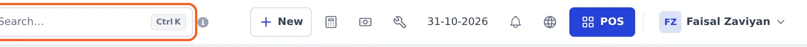 Top bar with the search box showing Ctrl K, New button, calculator, today's profit, date, notifications, language and the blue POS button