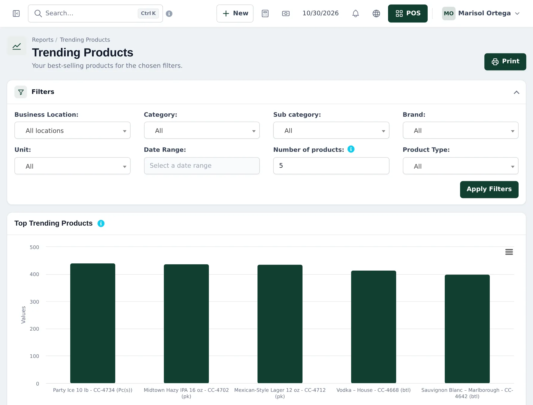 Trending Products report with filters and a bar chart of the top five products such as party ice, a hazy IPA 4-pack, a lager 12-pack, house vodka and Sauvignon Blanc