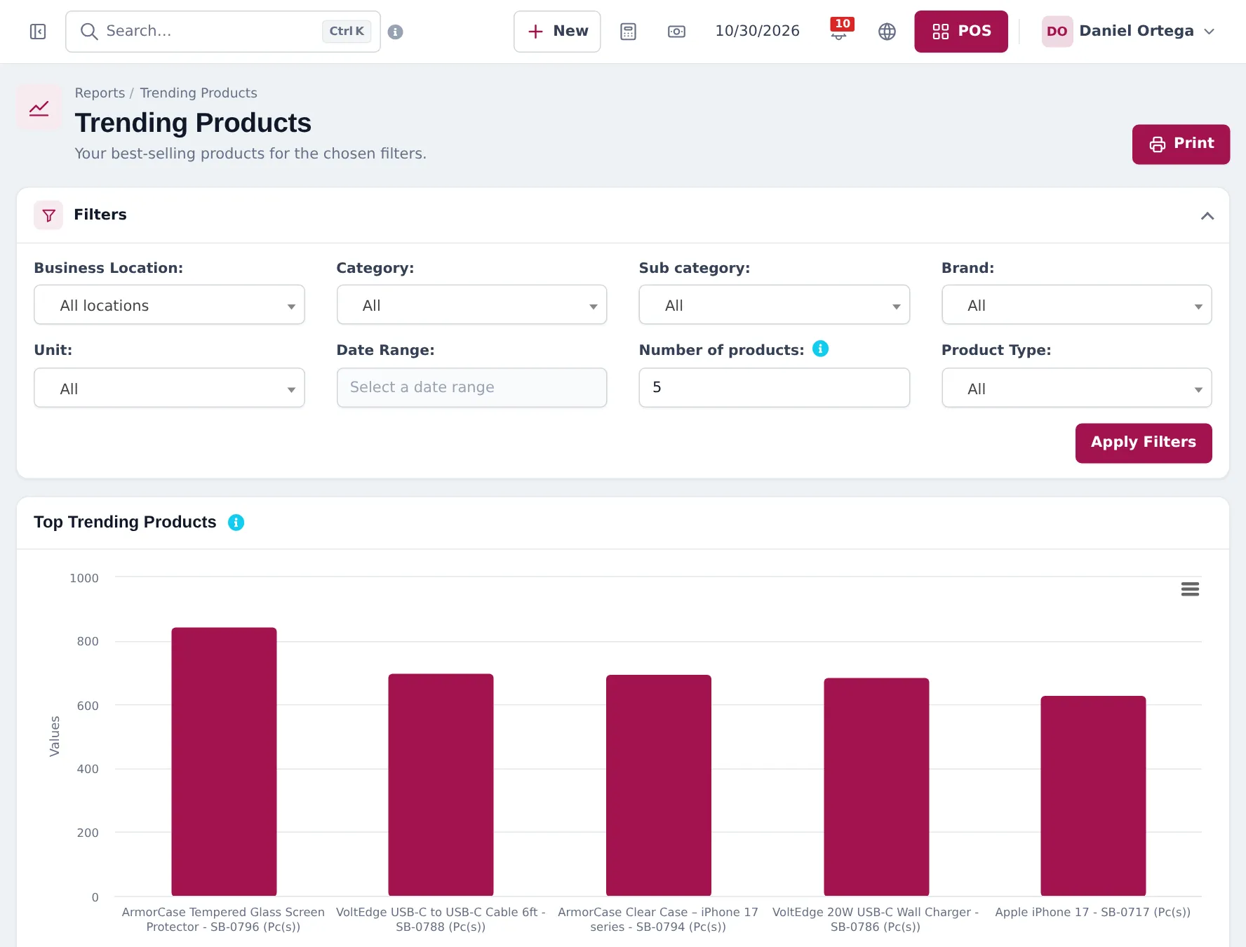 Trending Products report with filters and a bar chart of top-selling accessories and phones