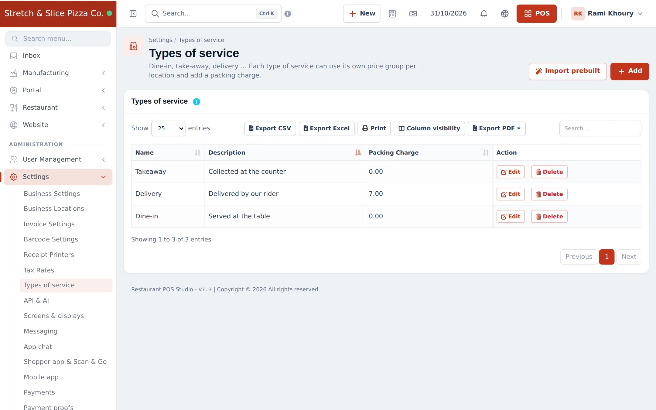 Types of service list with Takeaway, Delivery with a 7.00 packing charge and Dine-in