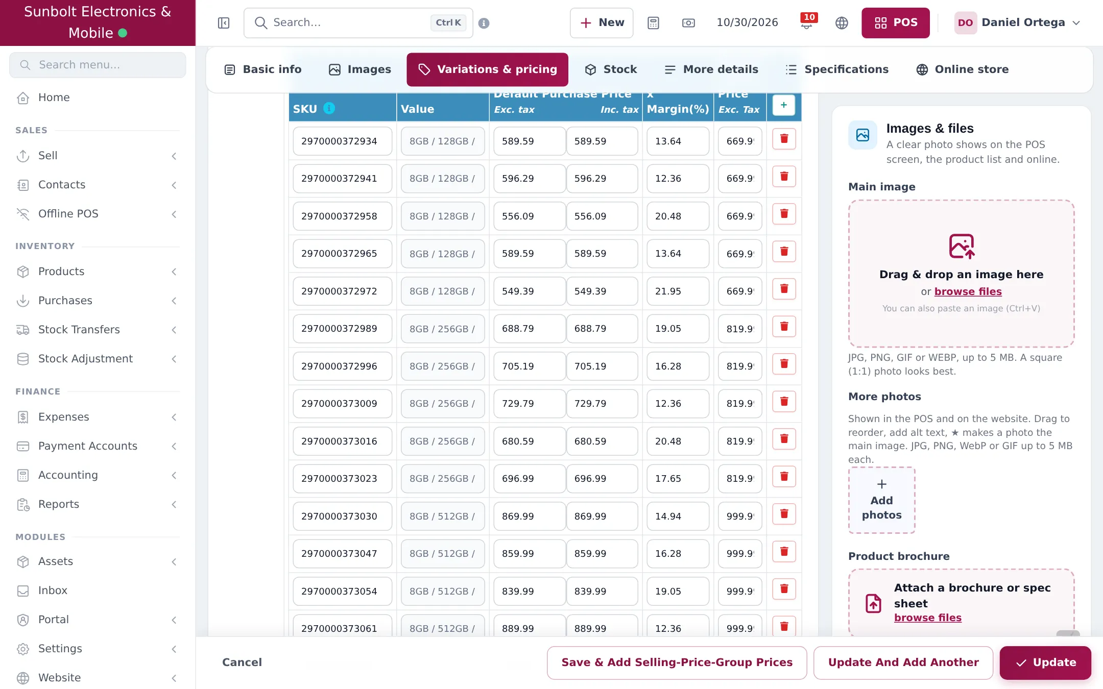 Variations and pricing tab of a phone with one row per storage and colour variant, each with its own SKU barcode, purchase price, margin and selling price