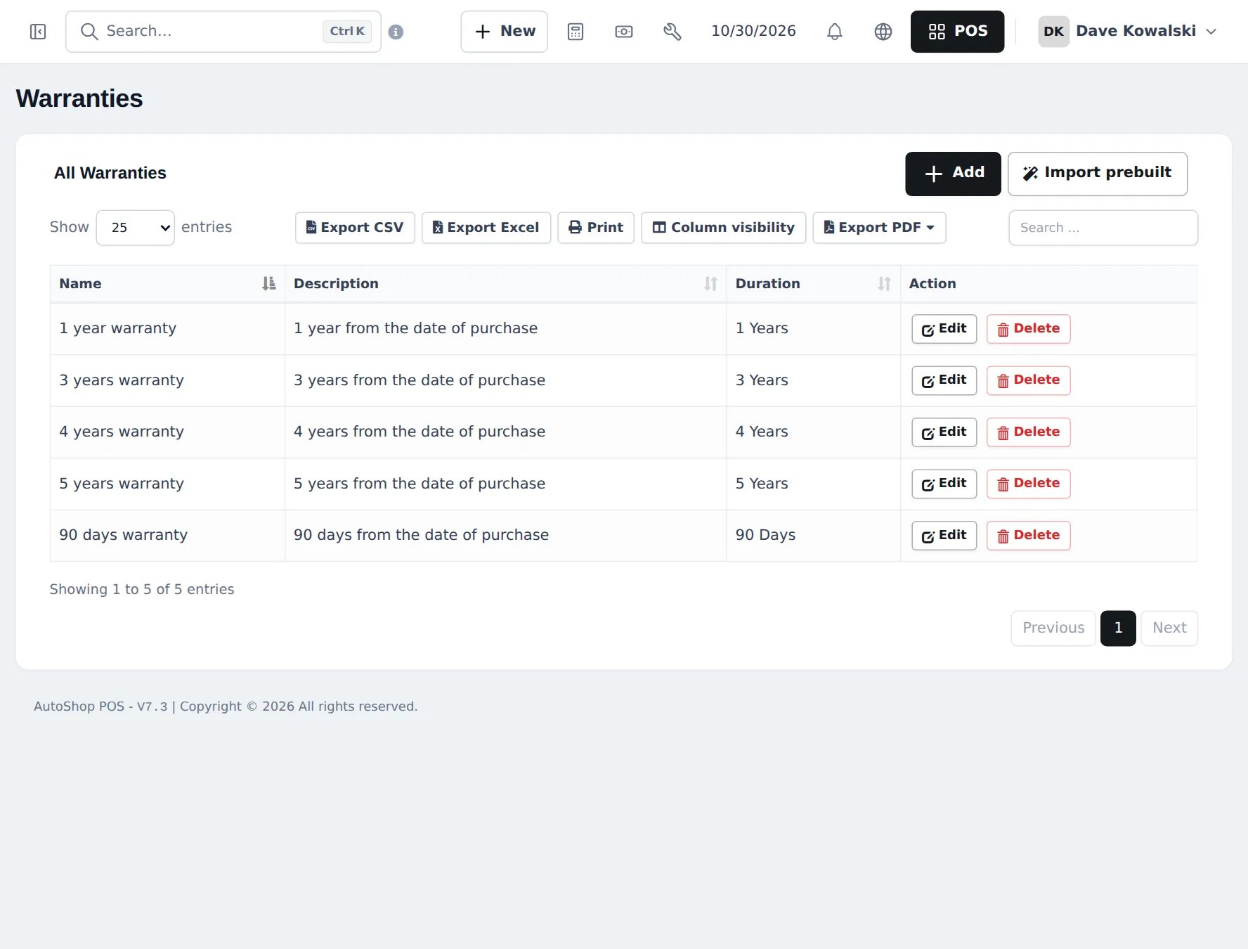 Warranties list with 1 year, 3 years, 4 years, 5 years and 90 days warranties, each with a description and duration