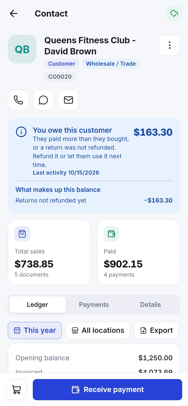 Customer page with You owe this customer 163.30 because returns were not refunded yet