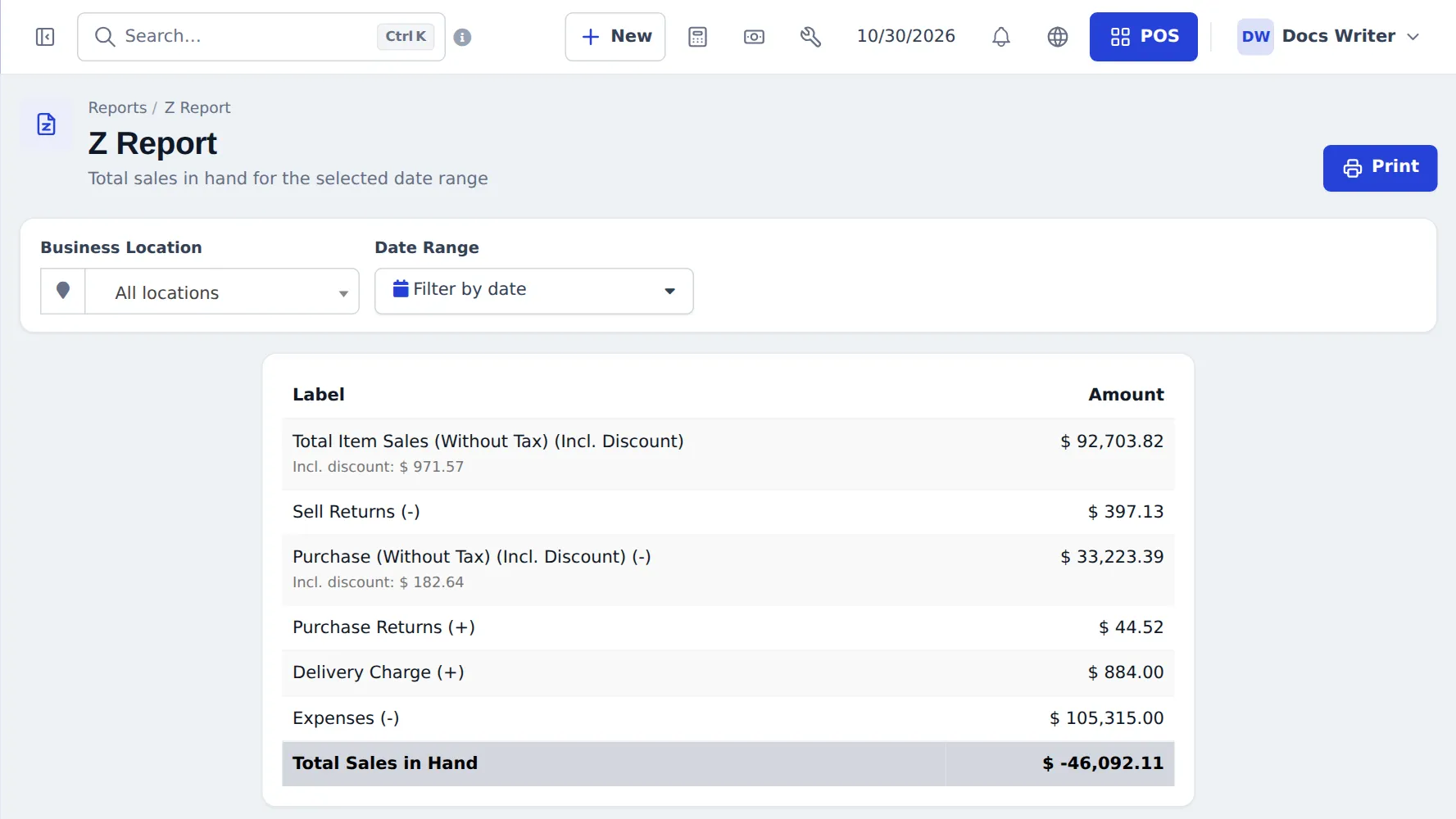 Z Report with business location and date range filters and rows for sales, returns, purchases, delivery charges, expenses and total sales in hand